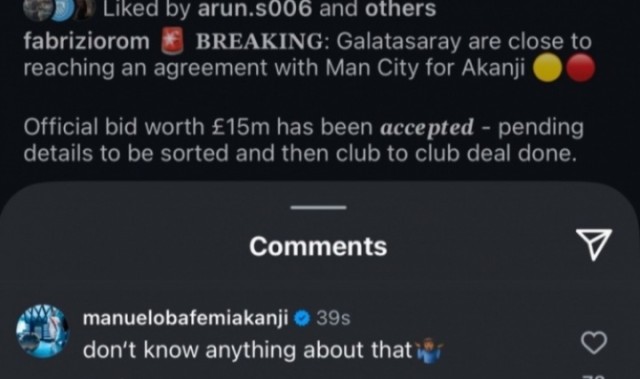 遭本人打脸！阿坎吉在罗马诺动态下回复：我啥都不知道